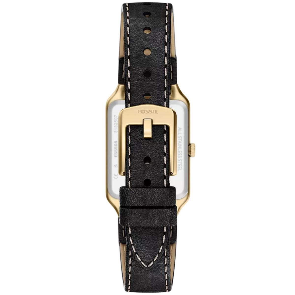 Fossil Raquel ES5505 quartz watch rear view displaying black leather strap with white contrast stitching and gold-tone pin buckle