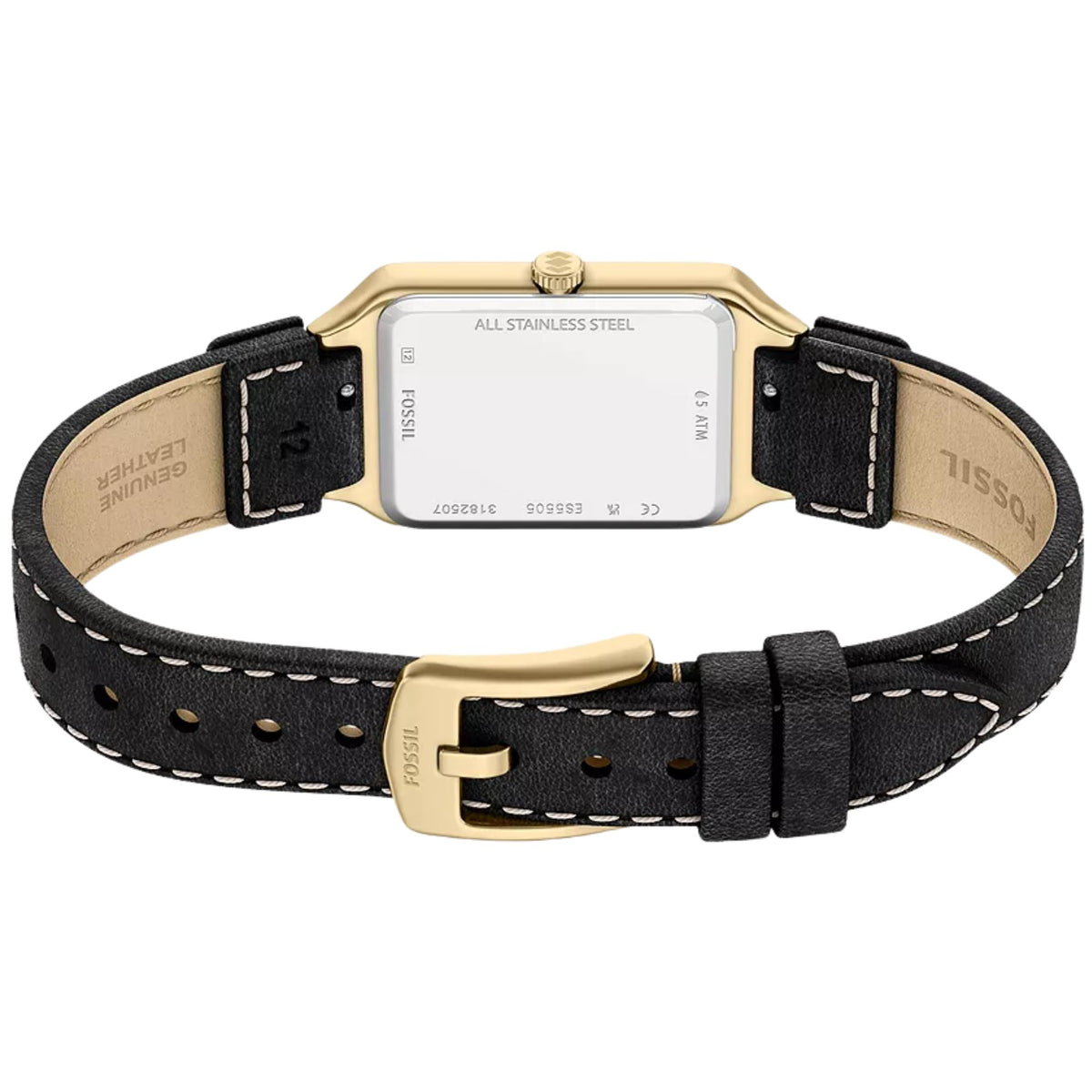 Fossil Raquel ES5505 womens watch back perspective featuring stainless steel caseback, open black strap, and gold-tone engraved buckle