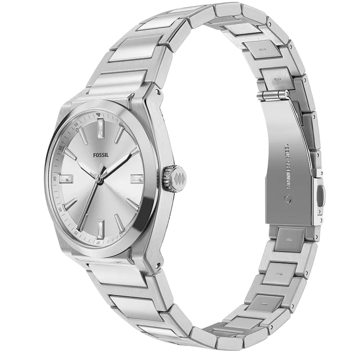 Fossil Everett ES5490 quartz watch side angle view highlighting silver dial, integrated steel bracelet, and foldover clasp