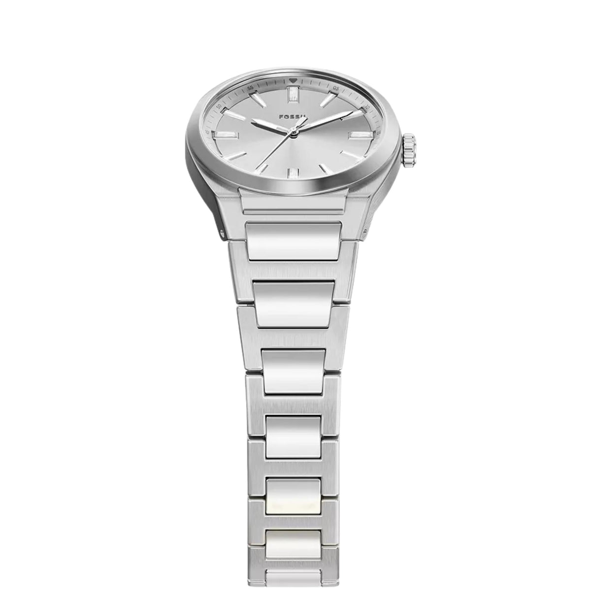 Fossil Everett ES5490 ladies timepiece top-down perspective featuring silver dial and metallic link bracelet