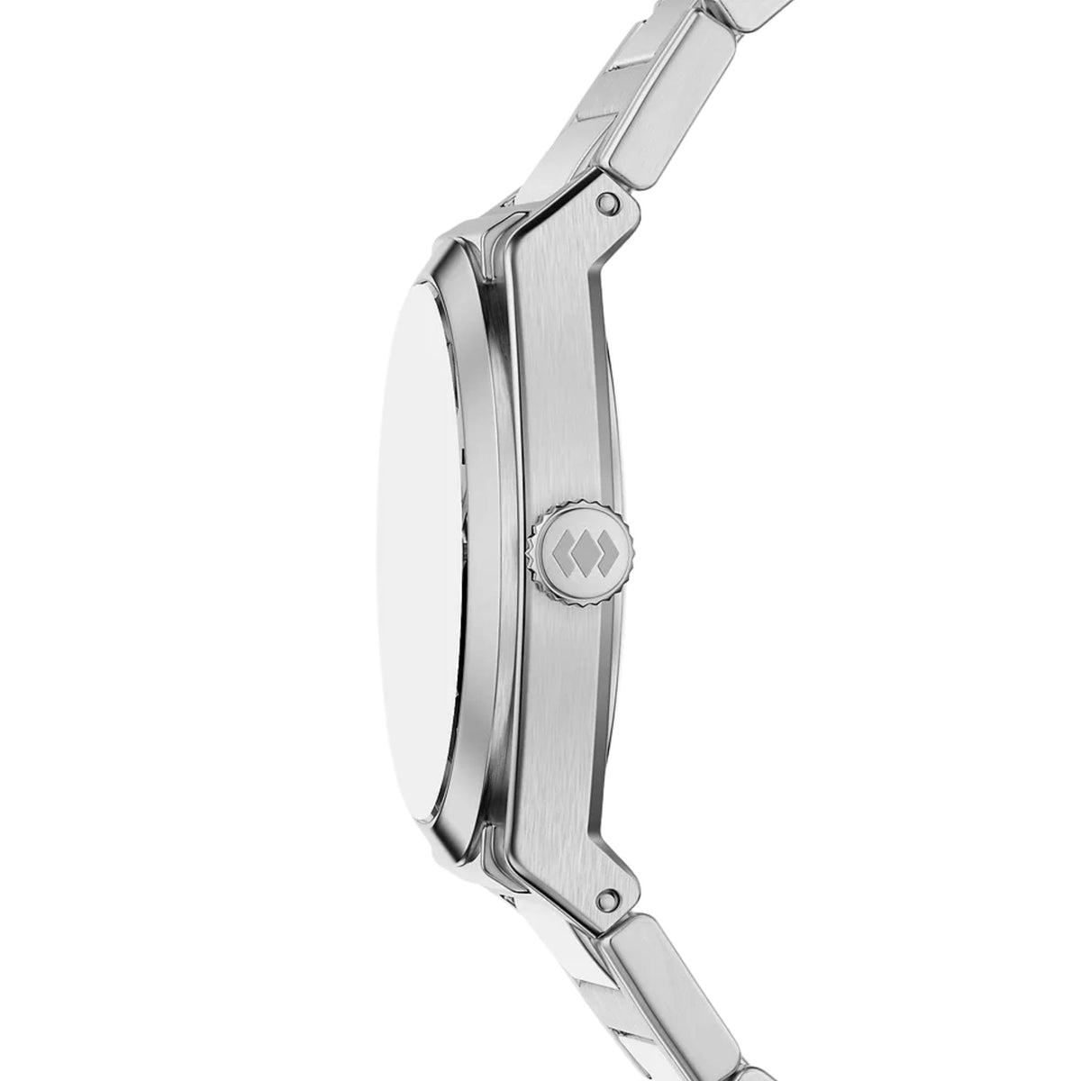 Fossil Everett ES5490 stainless steel watch profile displaying textured crown and brushed casing edge
