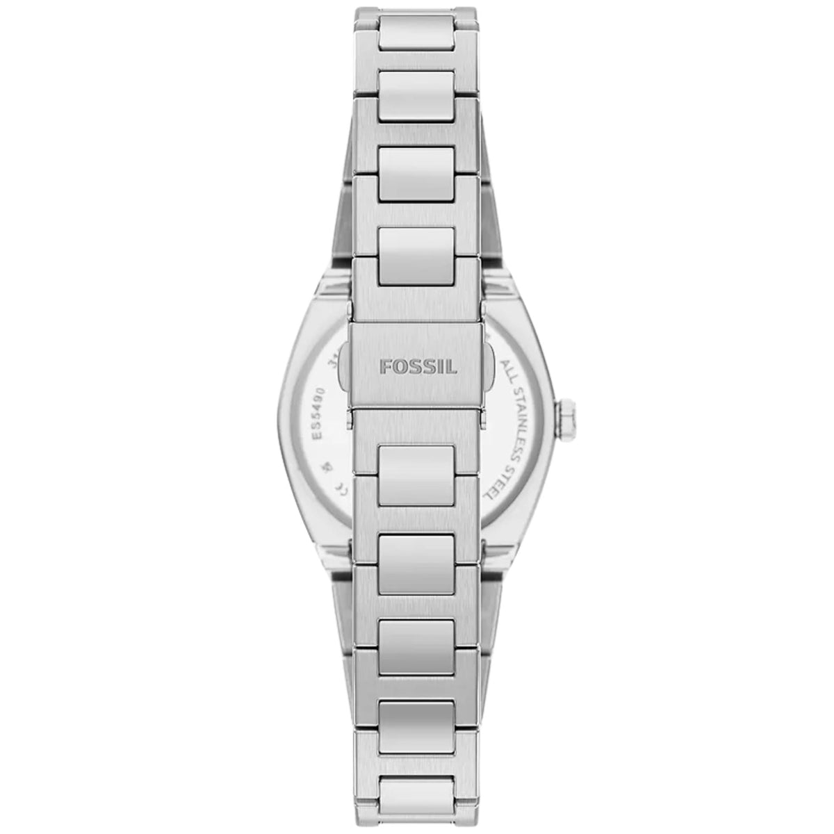 Fossil Everett ES5490 womens watch rear view showing engraved stainless steel caseback and branded clasp