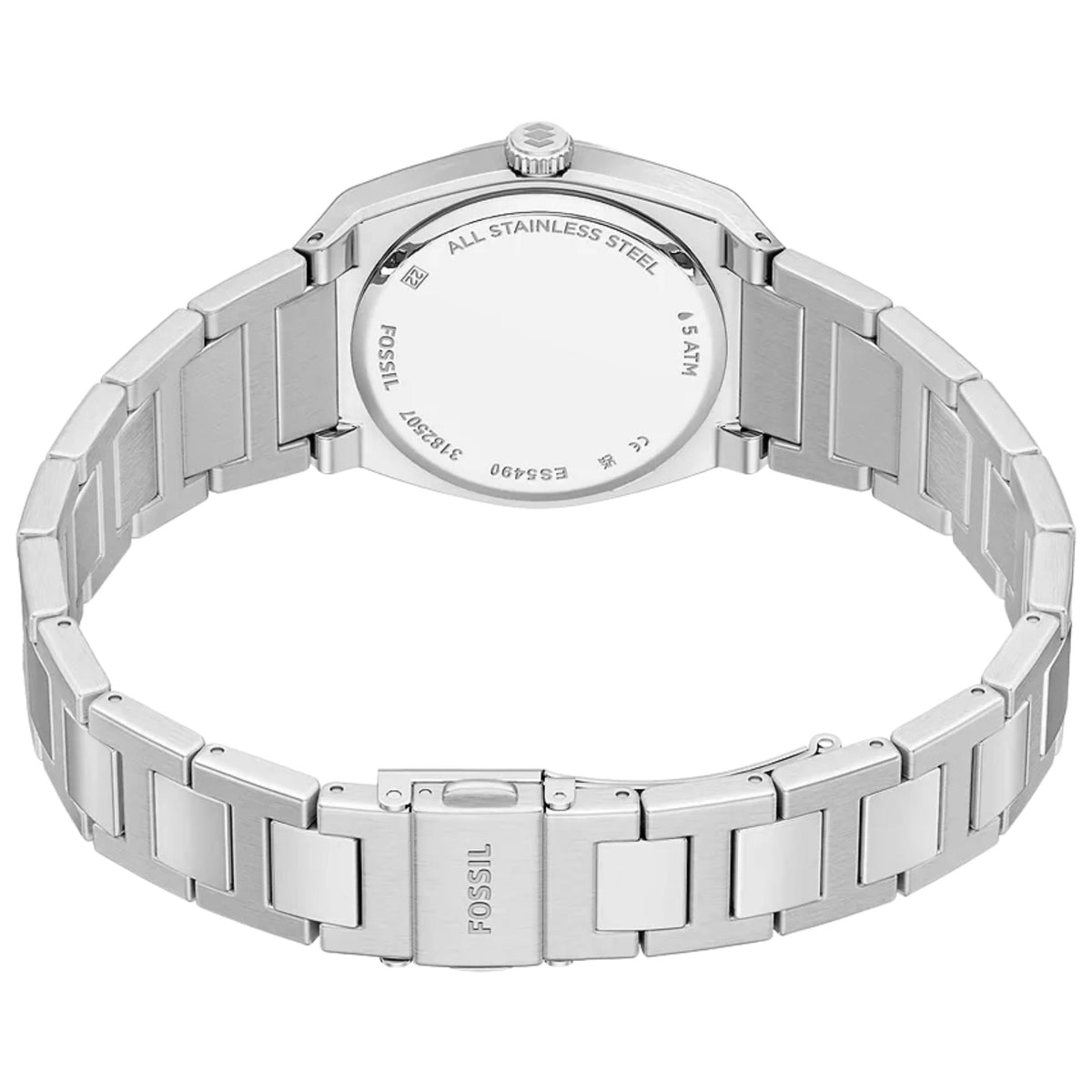 Fossil Everett ES5490 ladies quartz watch back perspective highlighting open steel bracelet and deployment clasp