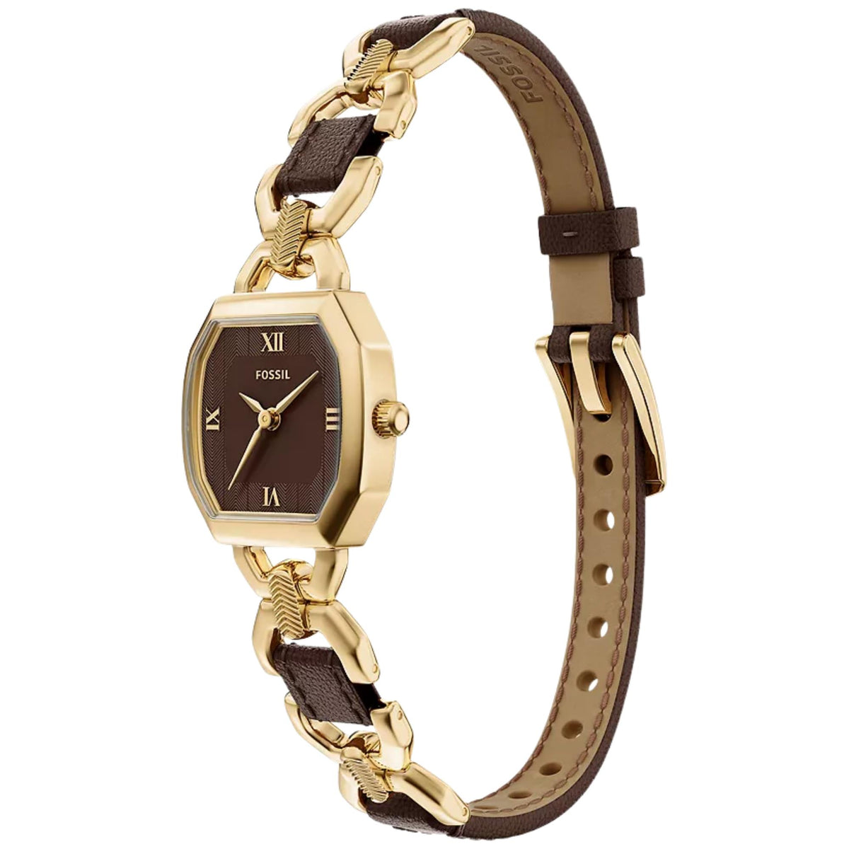 Fossil Harlow ES5497 quartz watch three-quarter view highlighting brown dial, gold octagonal bezel, and woven leather link band with pin buckle