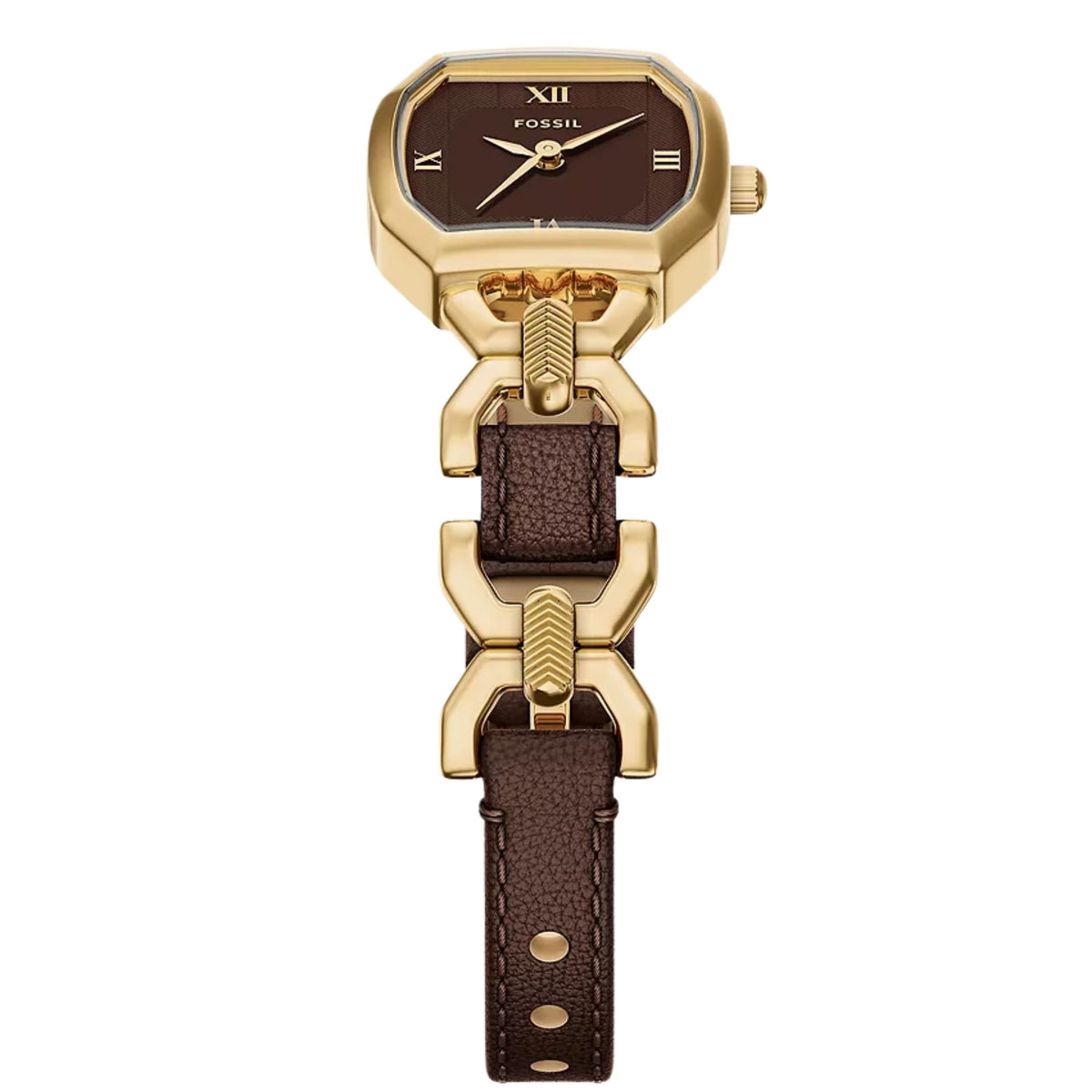 Fossil Harlow ES5497 leather watch vertical perspective showing gold-tone octagonal case, brown dial, chain links, and slim brown strap end