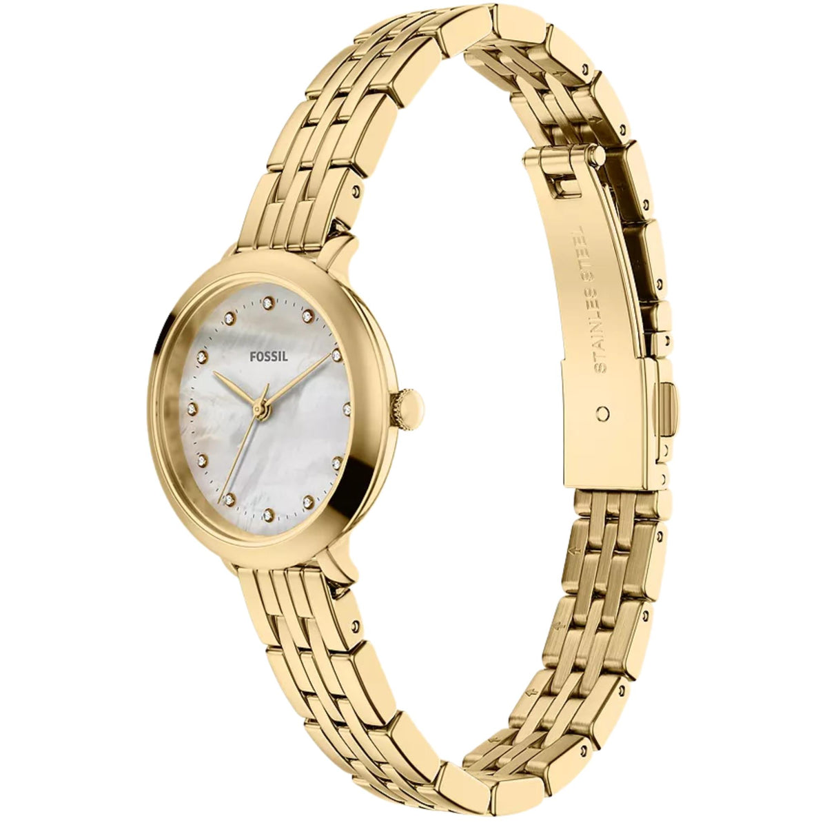 Fossil Heidi ES5501 quartz watch, three-quarter perspective highlighting mother of pearl dial, crystal indices, and polished gold-tone bracelet clasp