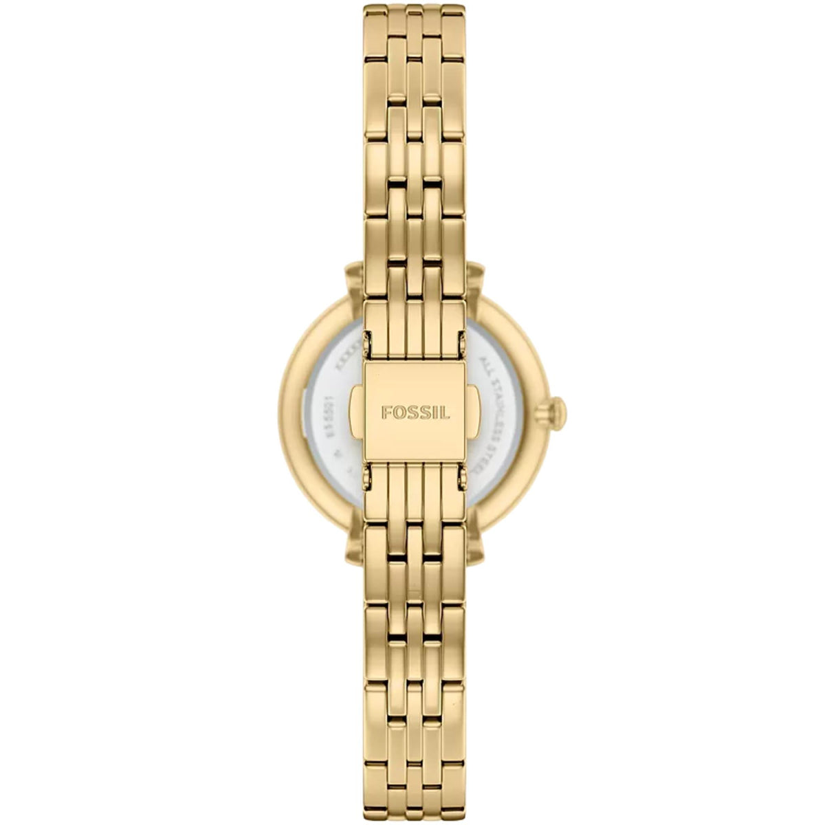 Fossil Heidi ES5501 quartz watch rear view showing back of gold-tone case, five-link steel bracelet, and signed fold-over clasp