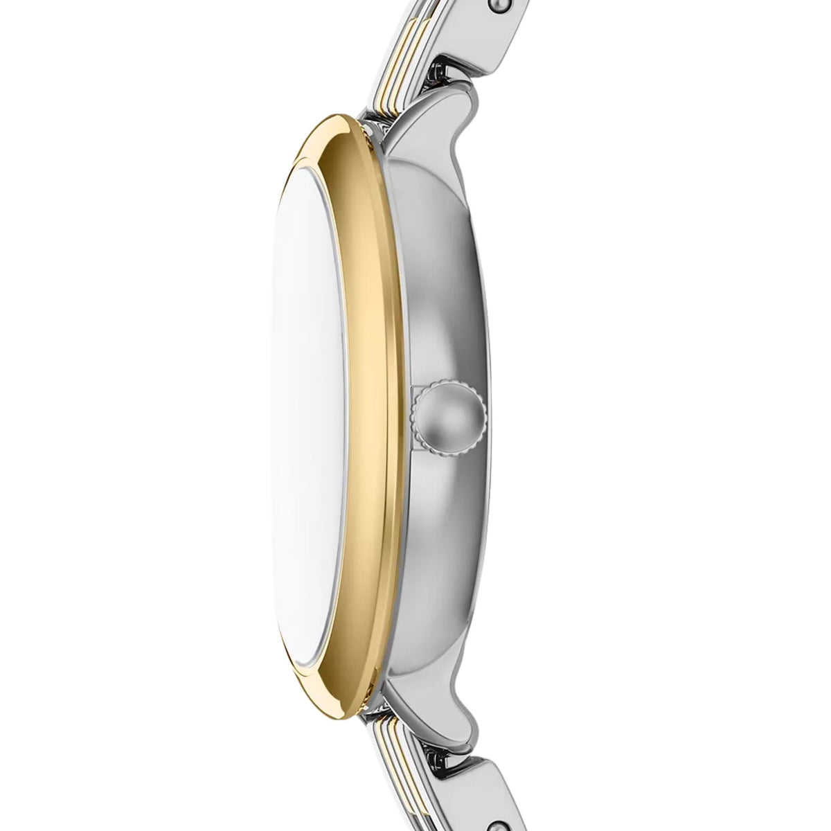 Fossil Heidi ES5500 ladies watch profile displaying two-tone case side, smooth crystal glass, and textured adjustment crown