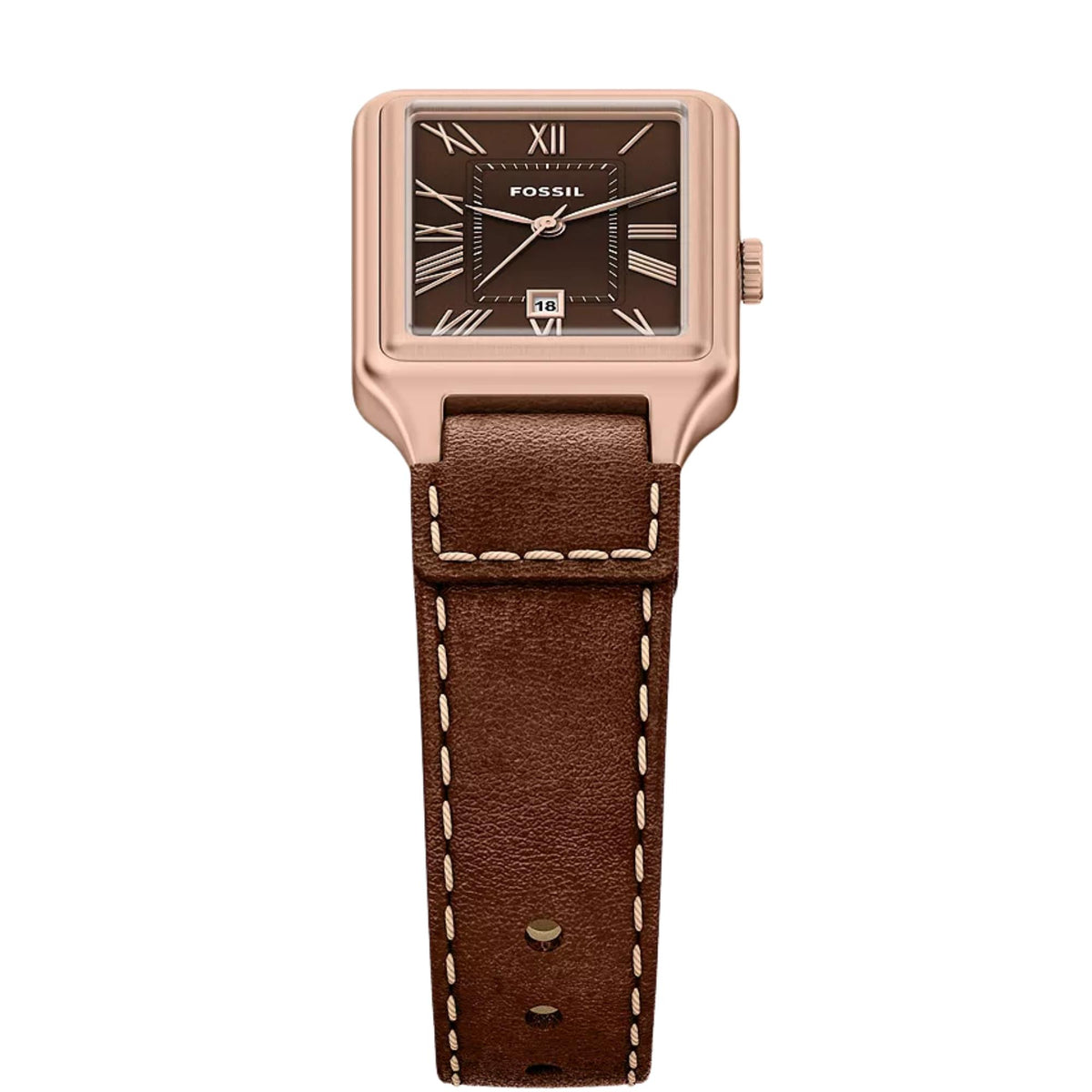 Fossil Raquel ES5503 rectangular watch vertical perspective featuring rose gold-tone case, brown dial with date display, and brown leather strap
