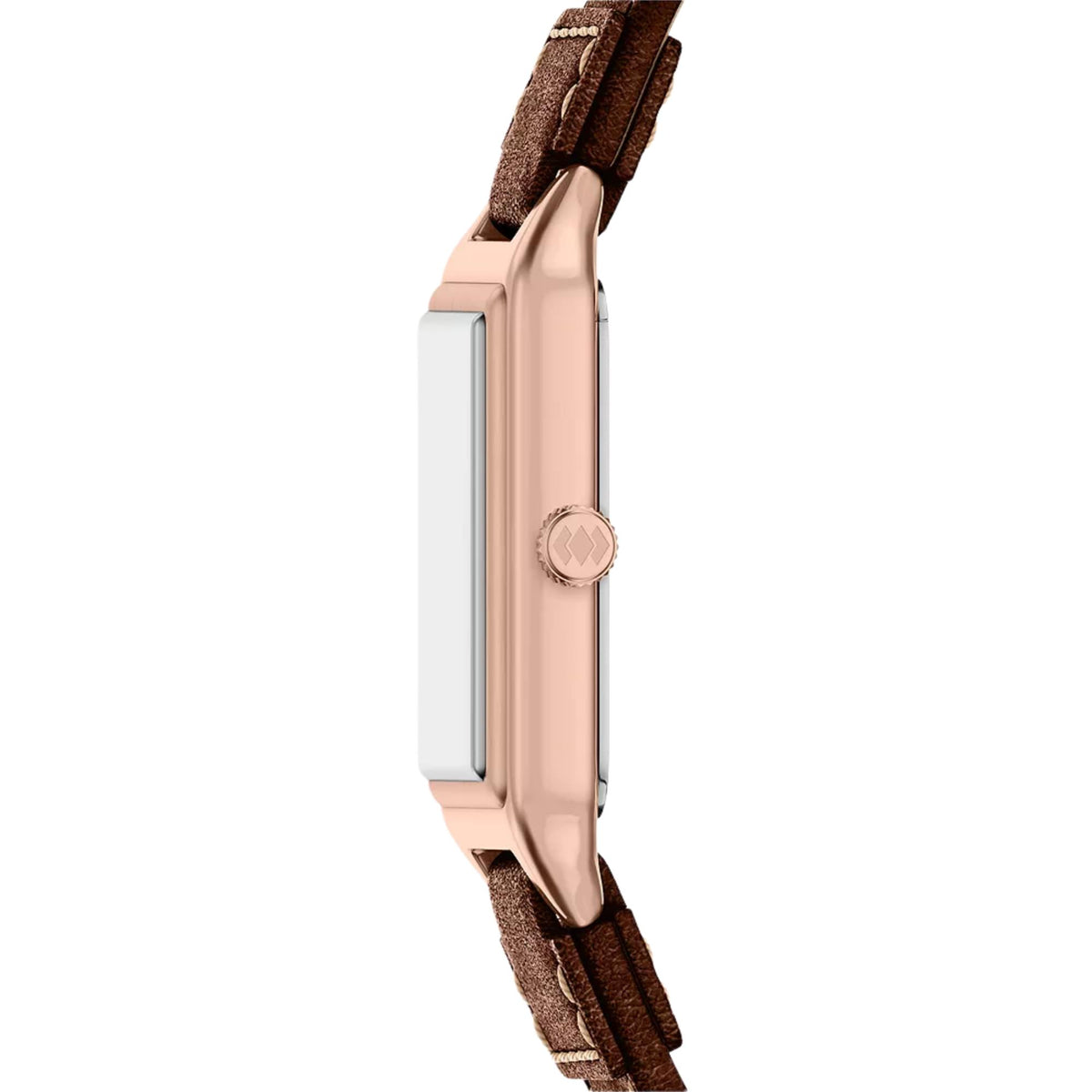 Fossil Raquel ES5503 watch profile view highlighting slim rose gold-tone case side, flat crystal glass, and textured adjustment crown