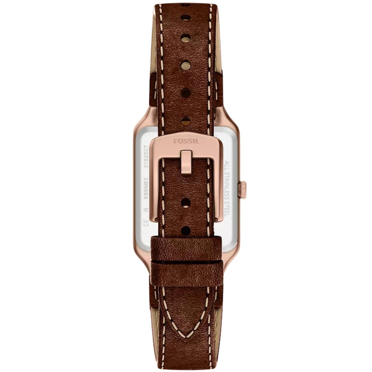 Fossil Raquel ES5503 quartz timepiece rear view showing stainless steel caseback, brown leather strap underside, and rose gold-tone pin buckle clasp