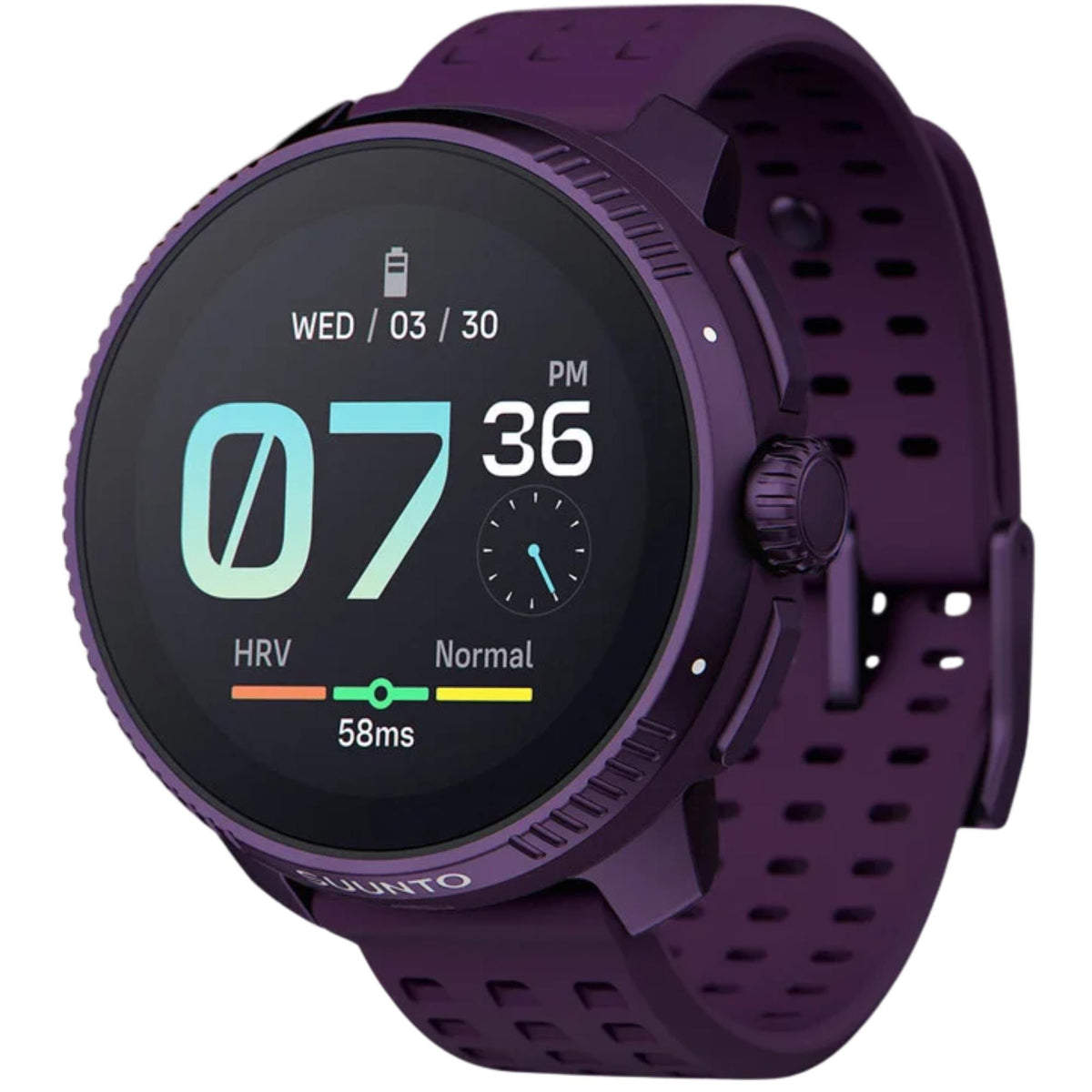 Suunto Race SS050933000 angled perspective displaying digital health tracking screen and perforated silicone strap