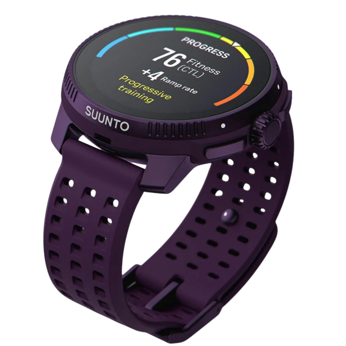 Suunto Race SS050933000 perspective view showcasing fitness progress display and purple titanium casing
