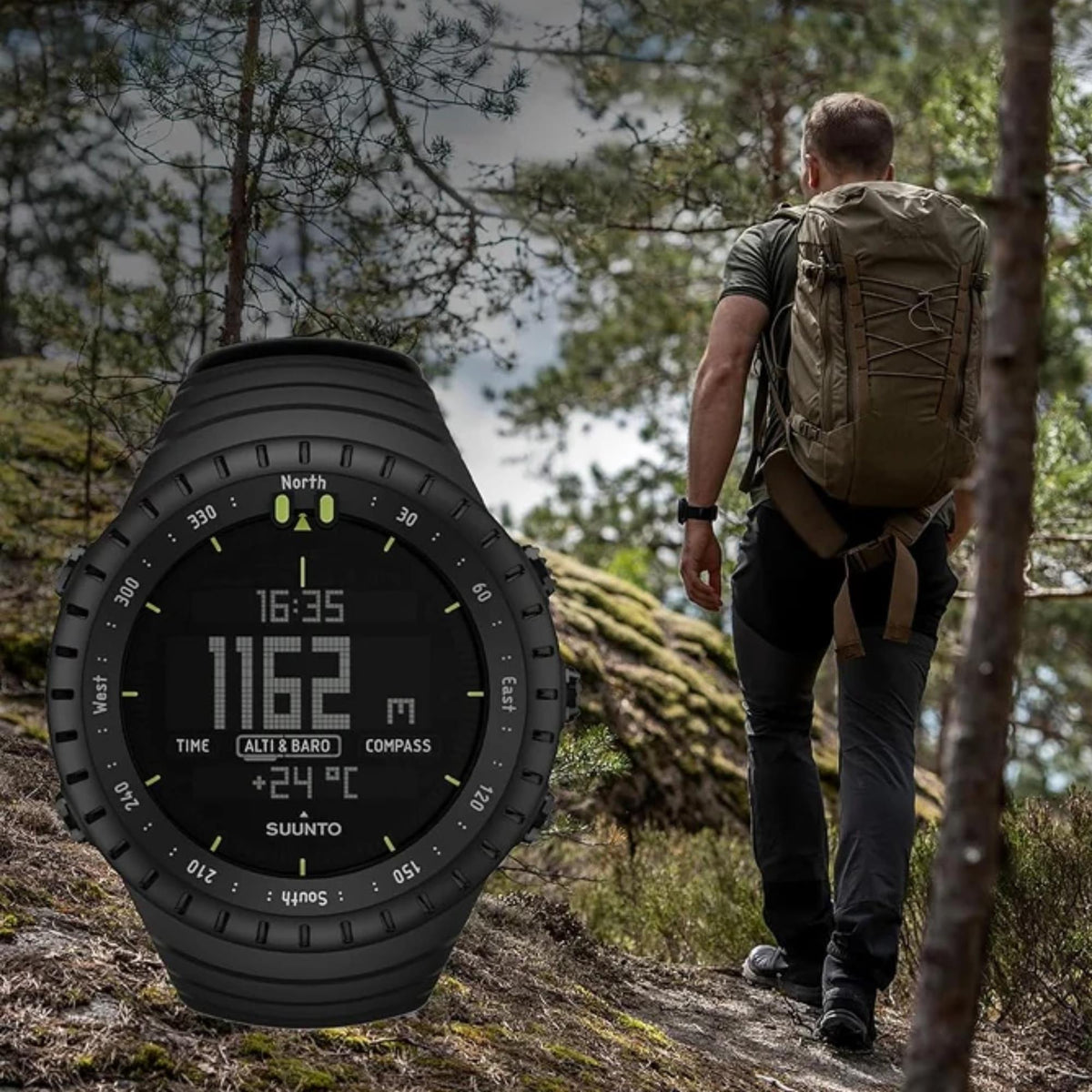 Suunto Core SS014279010 product overlay featuring a digital watch face with altitude readout alongside a hiker walking through a forest trail