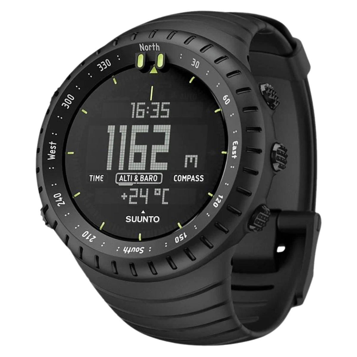 Suunto Core SS014279010 three-quarter perspective showing side pushers, rotating compass bezel, and all-black digital display