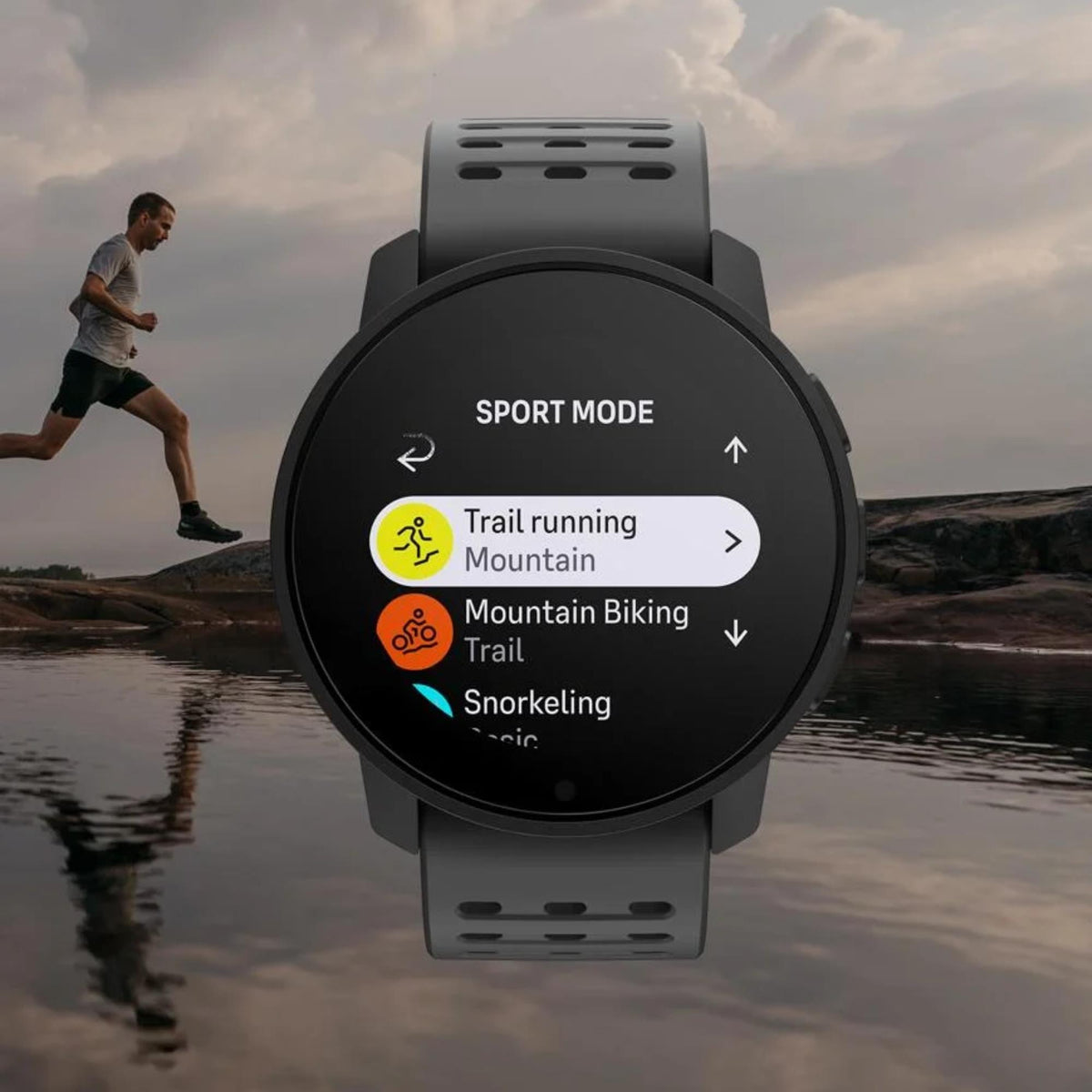 Suunto 9 Peak Pro SS050807000 front profile highlighting sport mode selection screen with runner background