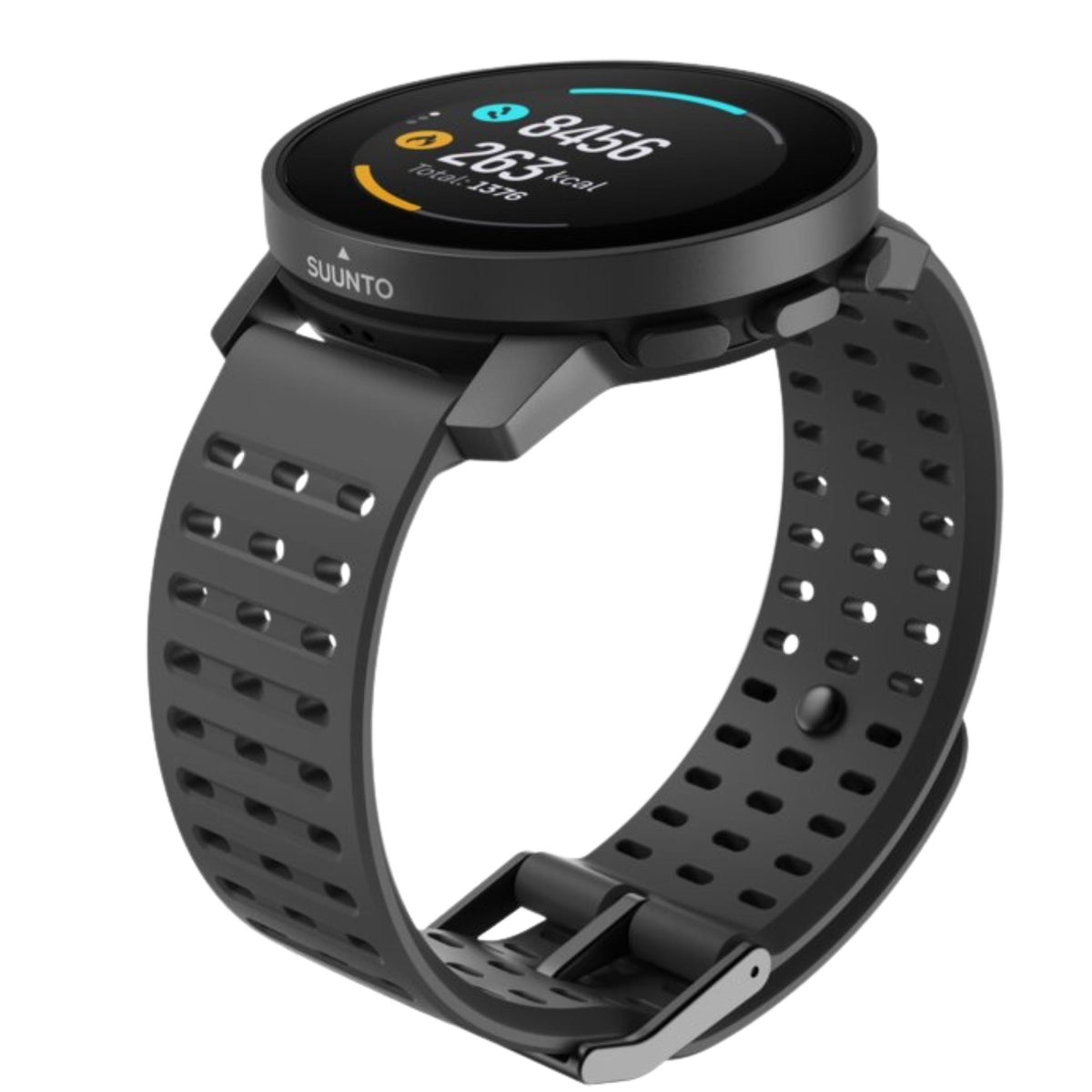 Suunto 9 Peak Pro SS050807000 side perspective showing activity tracking screen with dark bezel and perforated silicone strap