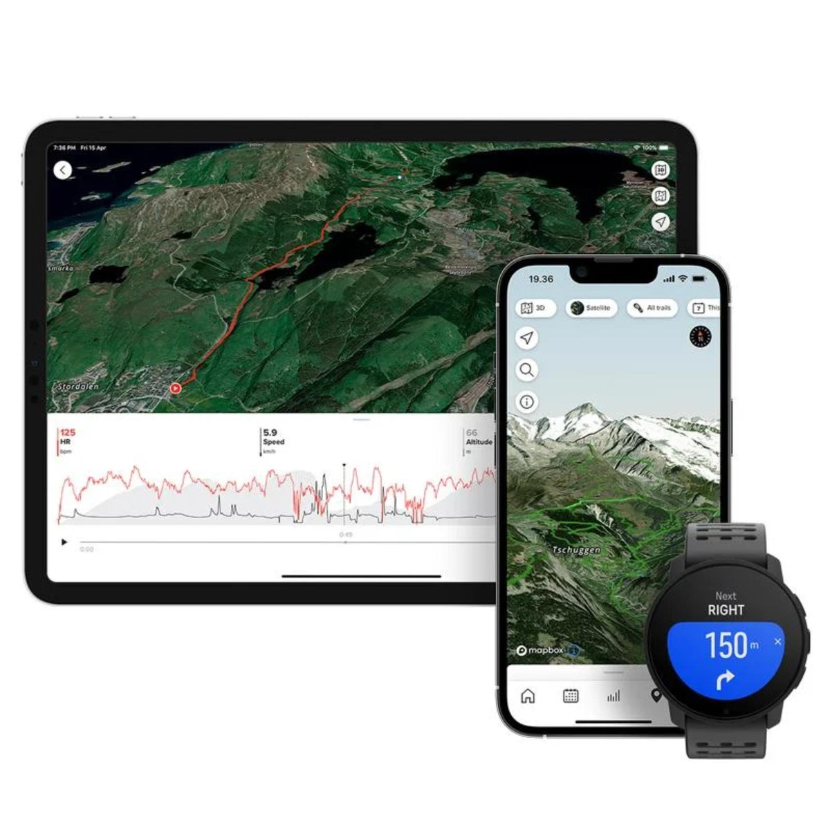 Suunto 9 Peak Pro SS050807000 turn-by-turn navigation display shown alongside smartphone and tablet app mapping interface