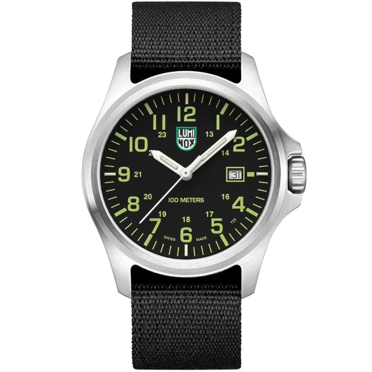 A front-facing view of the Luminox G-Collection 'Moon Valley' 2500 Series X2.2517 watch with a black dial and a black nylon strap