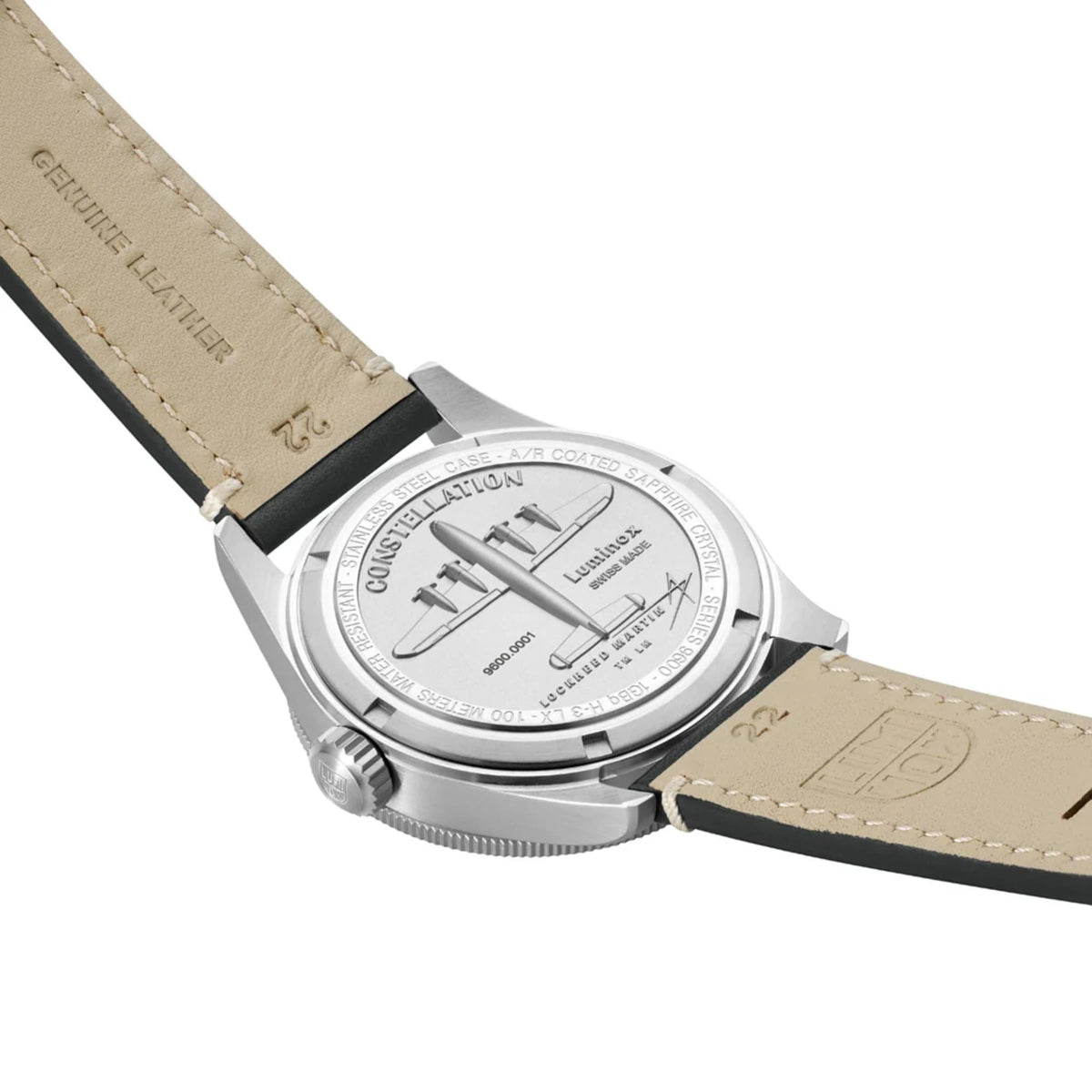 Luminox Constellation 9600 Series XA.9601 view of engraved stainless steel case back and underside of black leather strap