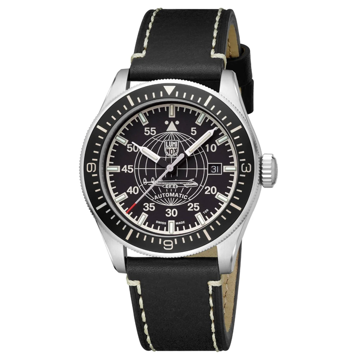 Luminox Constellation 9600 Series XA.9601 three-quarter front view displaying black dial, bi-directional bezel, and black leather strap