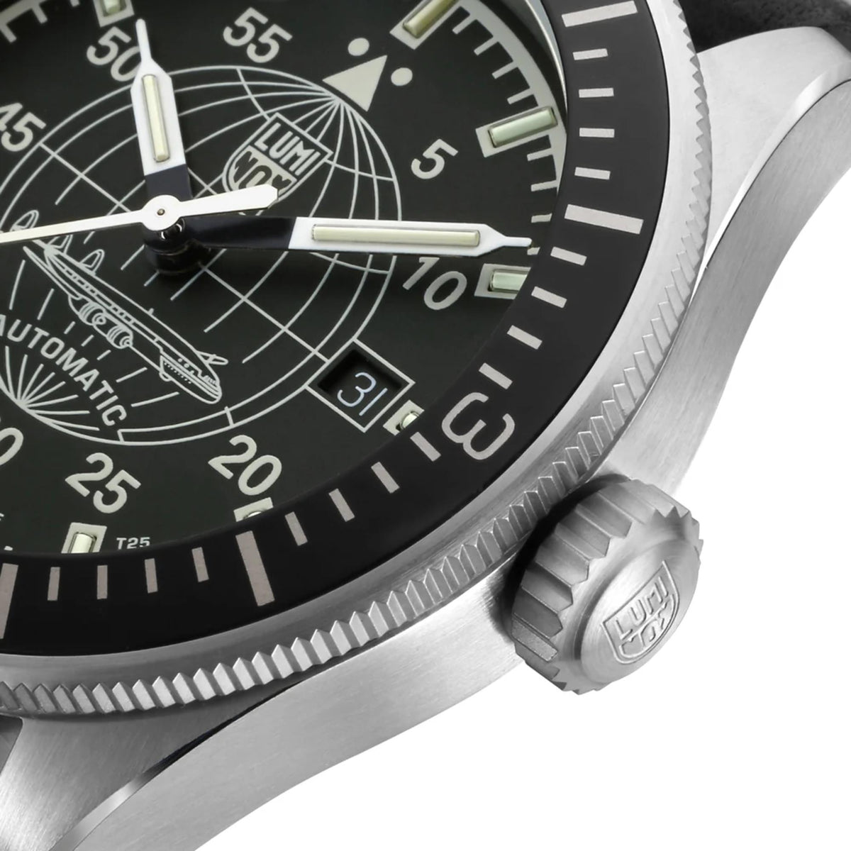 Luminox Constellation 9600 Series XA.9601 close up view of crown, coin-edge bezel, and black dial detailing
