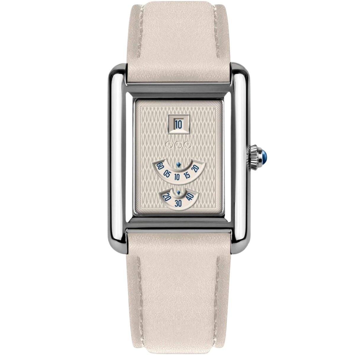 Out of Order Forma Venti Jump-Hour F20WG1C.316 automatic watch front view featuring a textured white dial with jump-hour window, semi-circular indicators, polished rectangular steel case, blue cabochon crown, and light beige leather strap