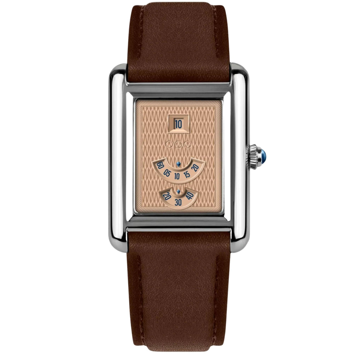 Out of Order Forma Venti F20473C.316 automatic watch front view displaying a patterned pink dial with jump-hour display, arc minute scales, silver rectangular case, cabochon crown, and brown leather strap