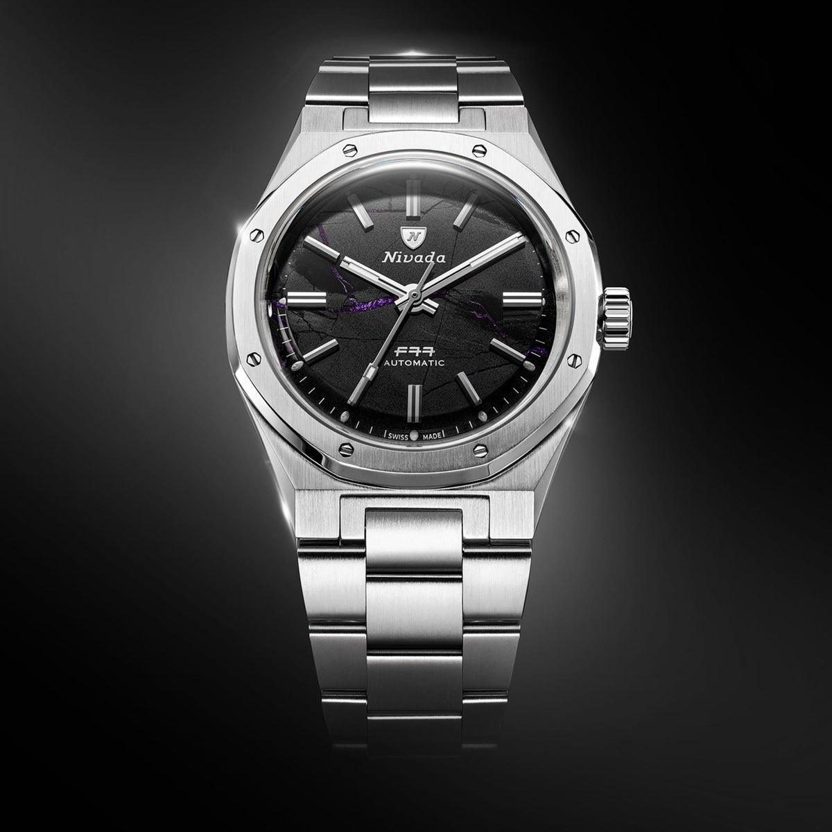 Nivada Grenchen F77 68058A77 direct studio view of shungite black dial face against dark background