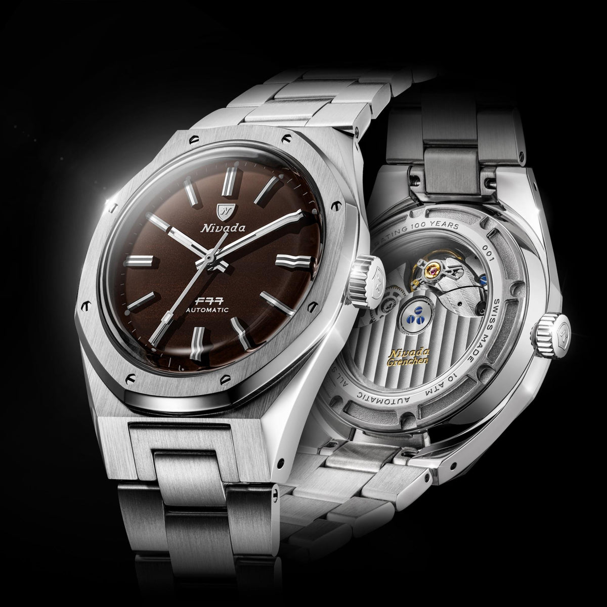 Nivada Grenchen F77 MK2 68060A77 dual angle view showing front smoky quartz dial alongside exhibition back case