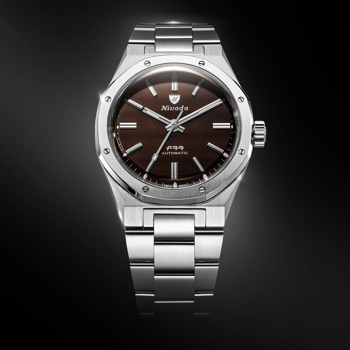 Nivada Grenchen F77 MK2 68060A77 front angle view highlighting 38mm steel case profile and smoky quartz dial