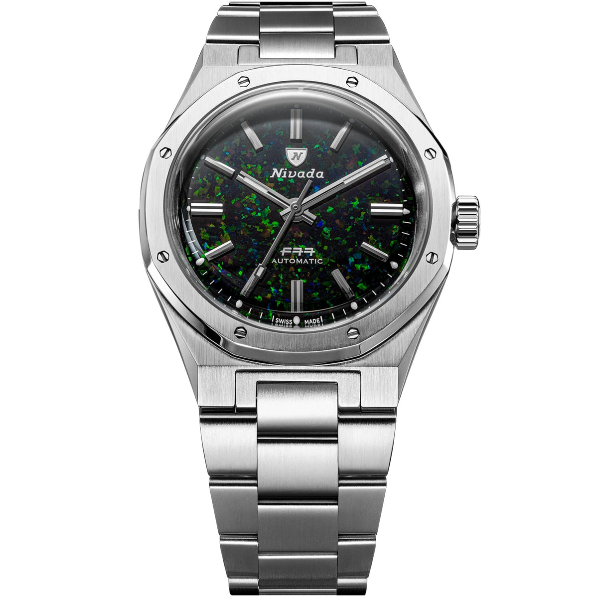 Nivada Grenchen F77 MK2 68062A77 front view showing black opal dial with steel case profile and integrated bracelet