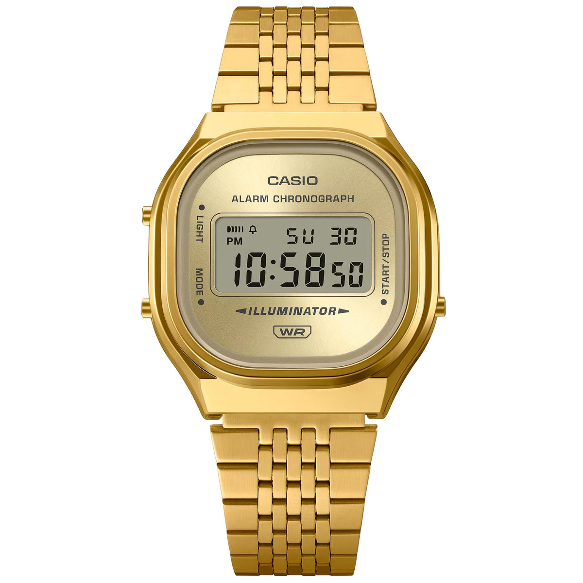 Casio Vintage A140WEG-9AEF front view showing digital screen display with gold-tone steel case and bracelet profile