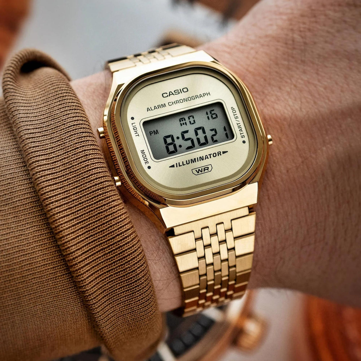 Casio Vintage A140WEG-9AEF close-up lifestyle view of watch worn on wrist