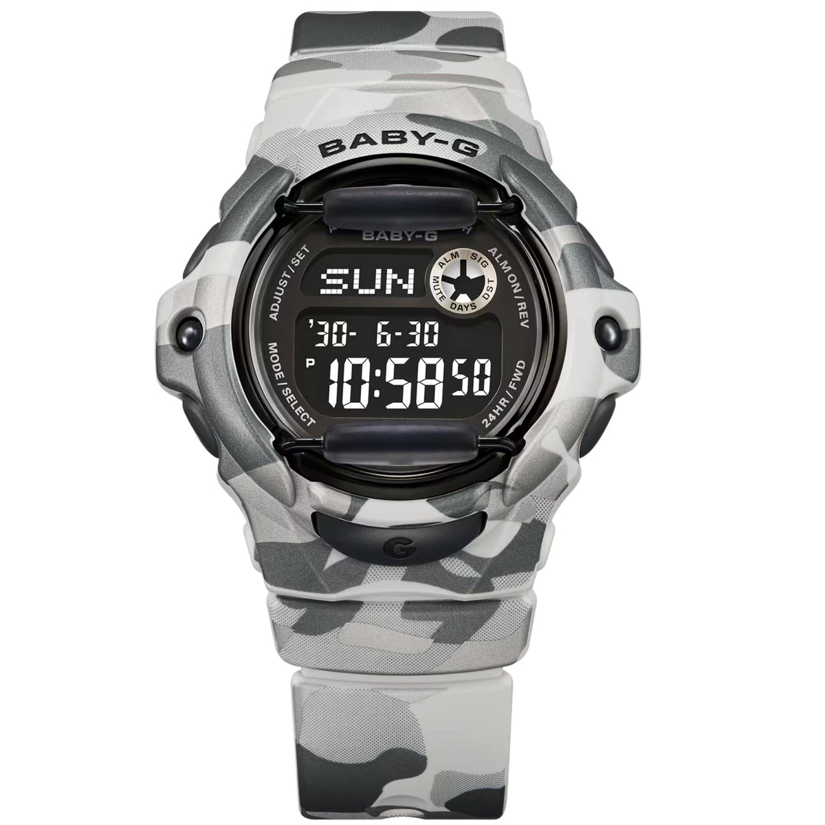 Casio Baby-G BG-169CMB-8ER straight-on view showcasing digital dial display and resin case structure