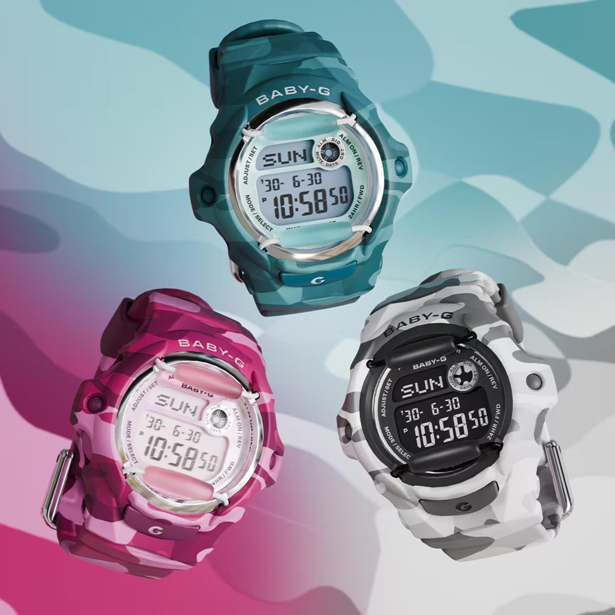 Casio Baby-G BG-169CMB-8ER group view displaying different colour variations from the collection