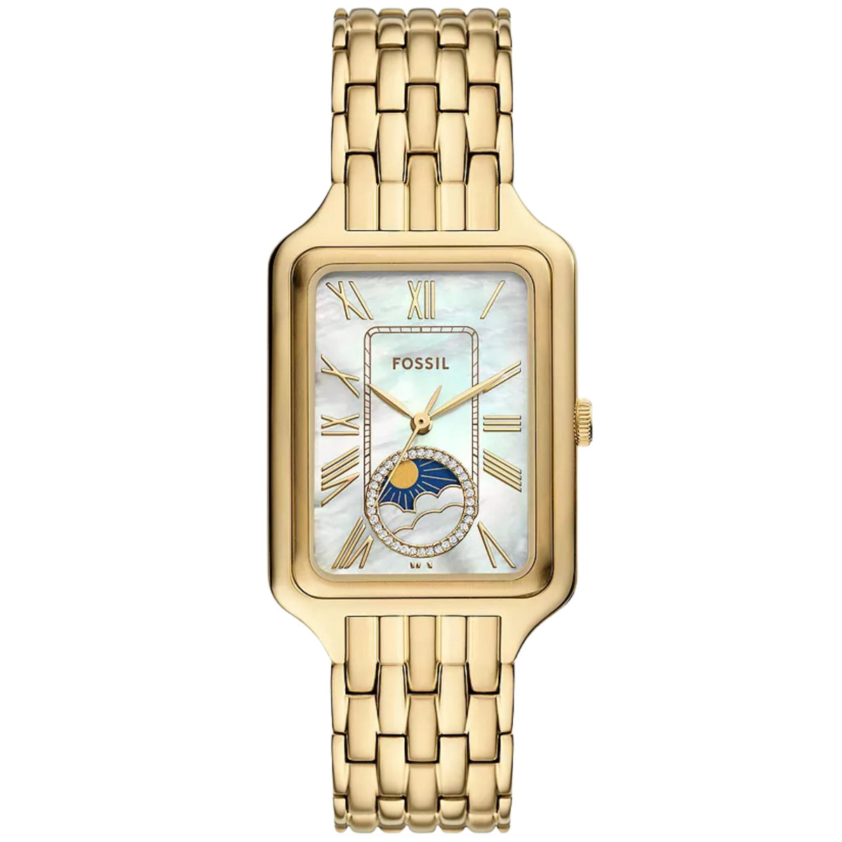 Fossil Raquel ES5398 front view displaying mother of pearl dial with sun and moon subdial and link bracelet