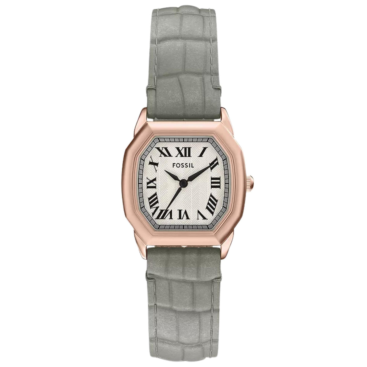 Fossil Harlow ES5435 front view displaying cream dial with Roman numerals and leather strap