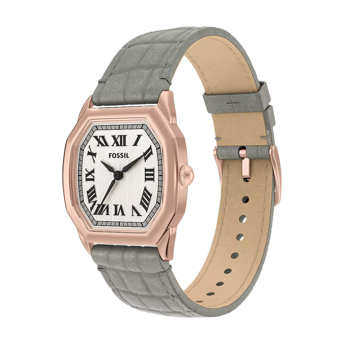Fossil Harlow ES5435 three-quarter angle view detailing cream dial with cushioned case and leather strap buckle