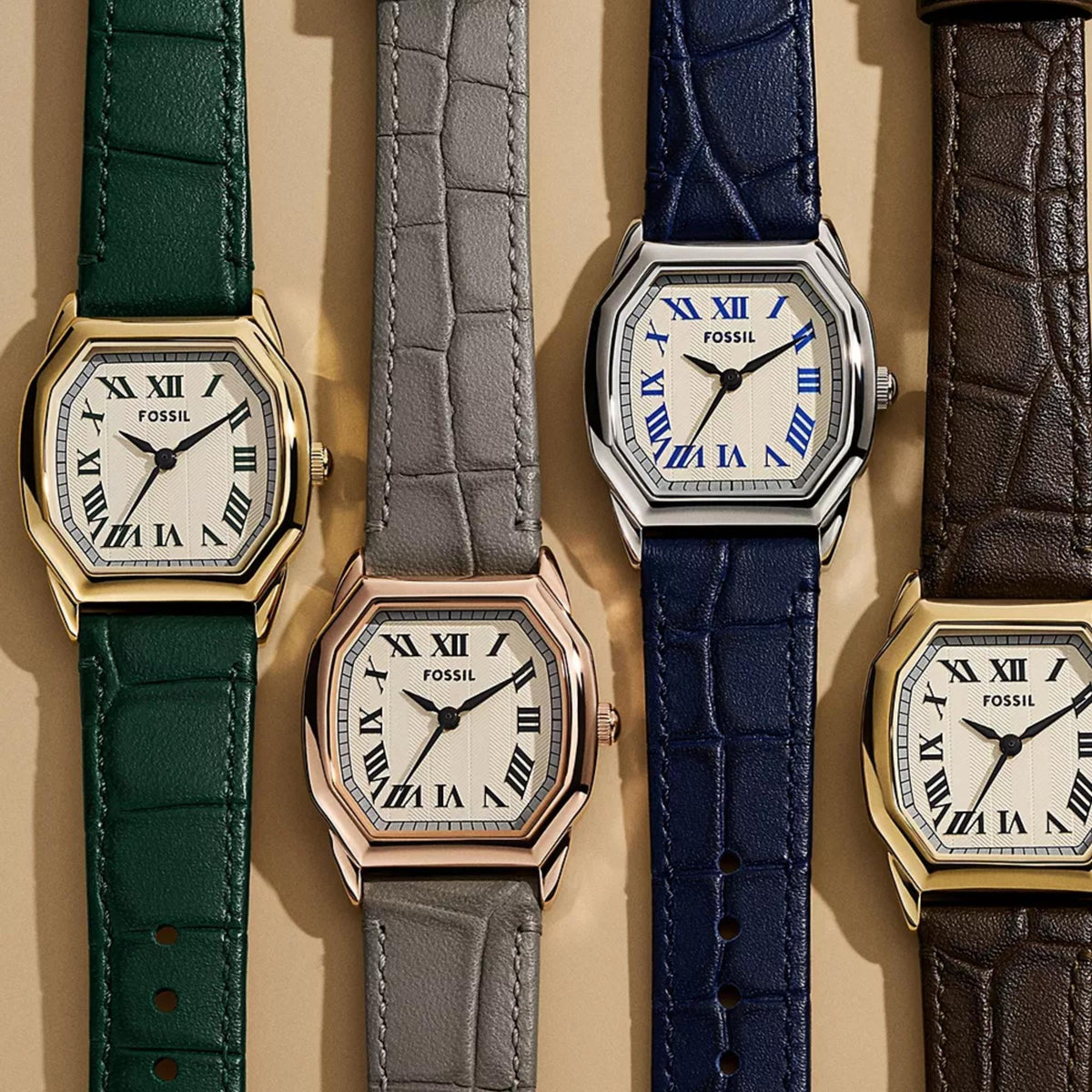 Fossil Harlow ES5435 group collection view featuring 27mm cream dial watches alongside variant leather strap designs