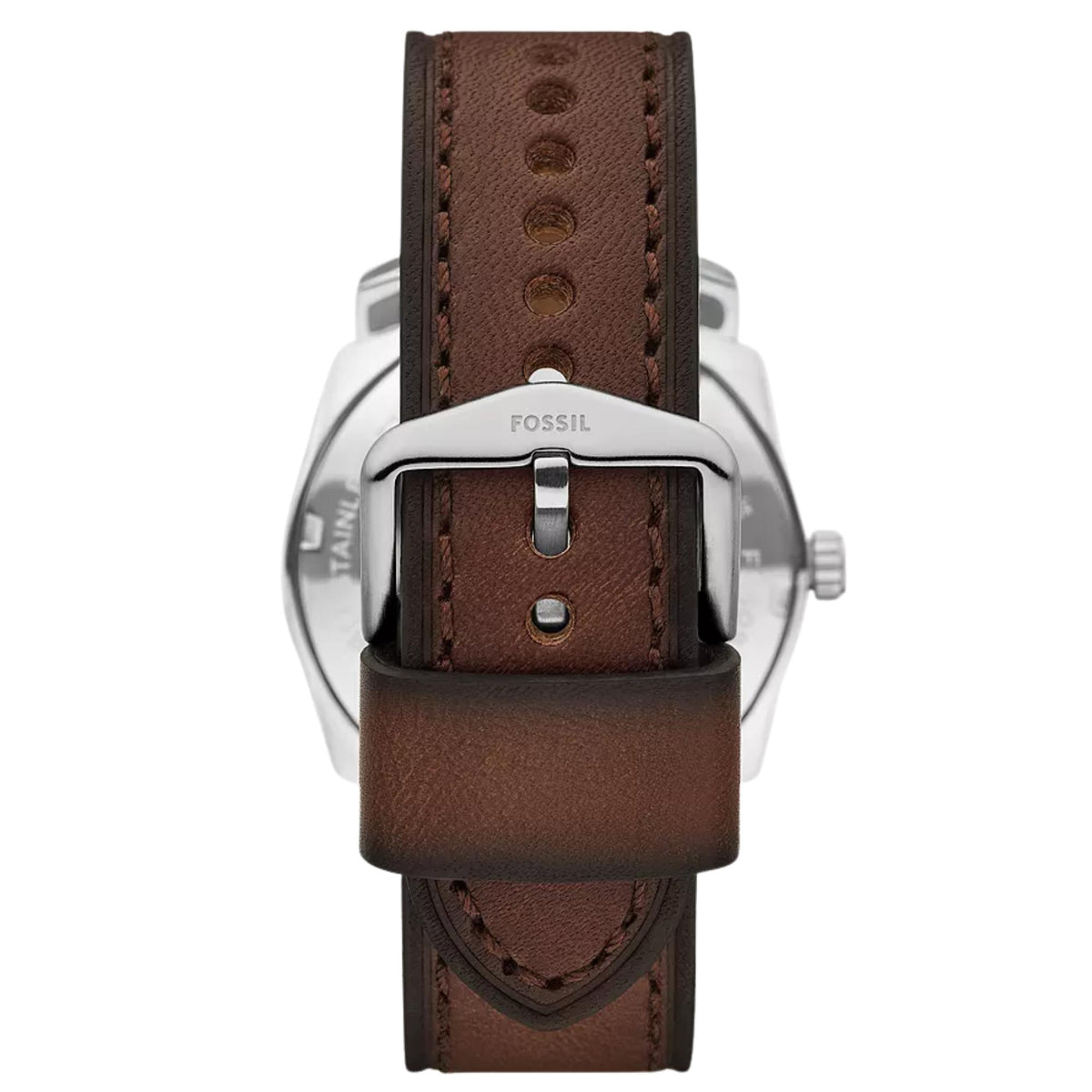 Fossil Machine FS6085 rear view displaying pin buckle with brown leather strap tail