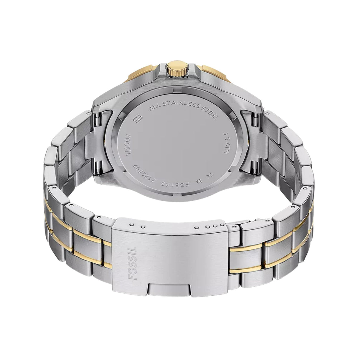 Fossil Garrett FS6146 open strap view displaying steel case back and folding clasp