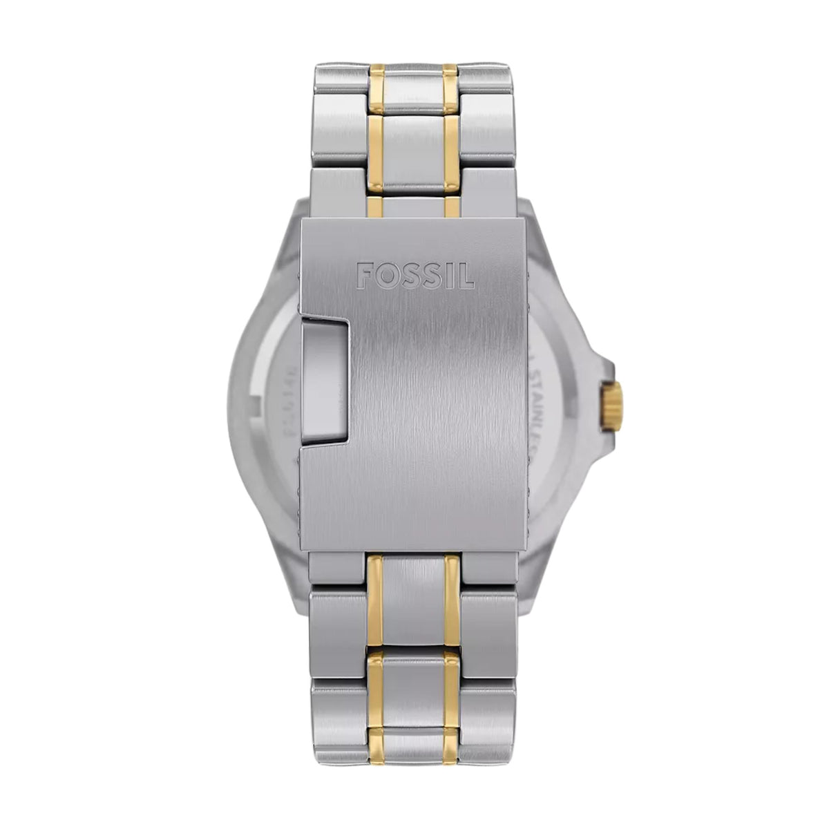 Fossil Garrett FS6146 rear view highlighting engraved brand logo on steel bracelet clasp