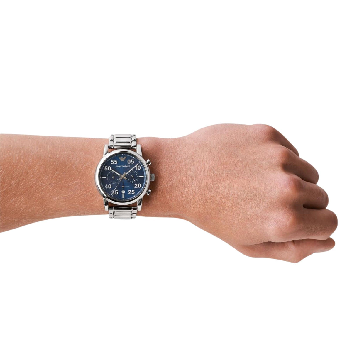 Emporio Armani Luigi AR11132 wrist shot highlighting blue dial with polished steel bracelet links