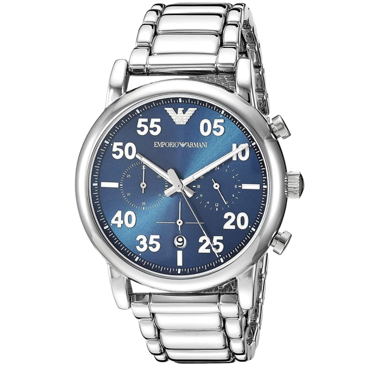 Emporio Armani Luigi AR11132 angled front shot featuring blue dial with sub-dials and date window