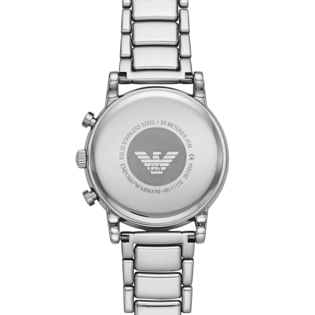 Emporio Armani Luigi AR11132 case back showing engraved logo eagle motif and model specification