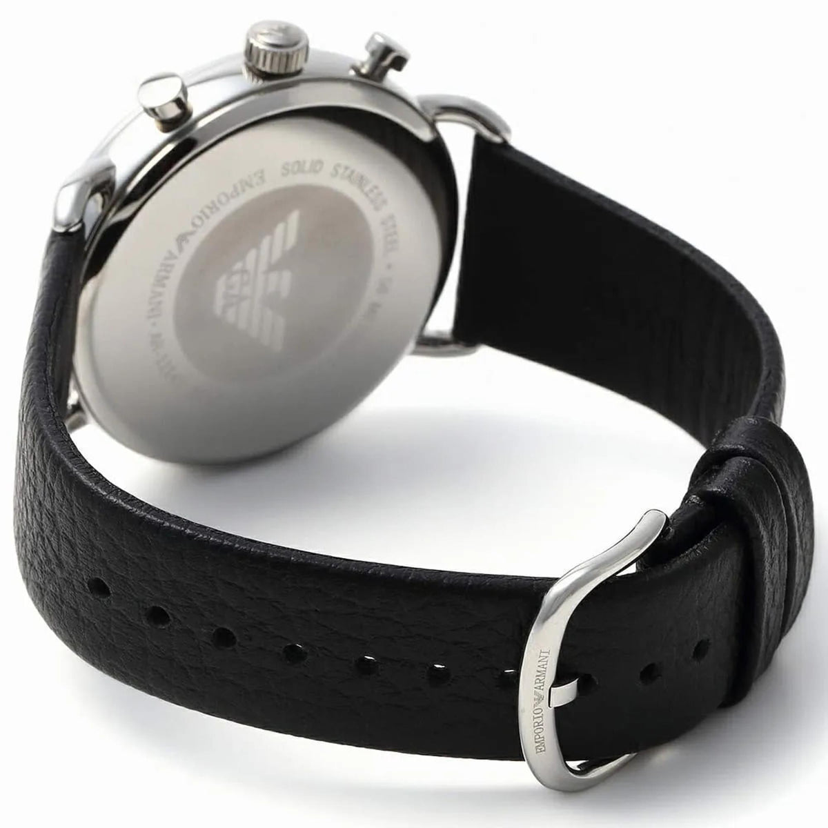 Emporio Armani Aviator AR11143 angled rear view displaying case back and black leather strap pin buckle