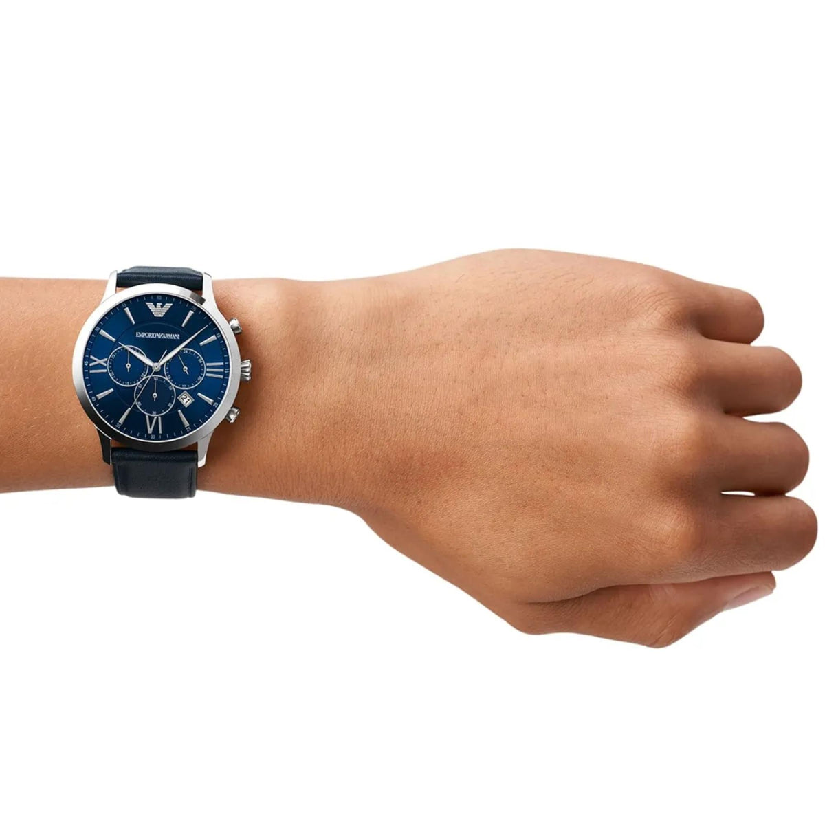 Emporio Armani Giovanni AR11226 wrist shot highlighting blue dial with blue leather strap
