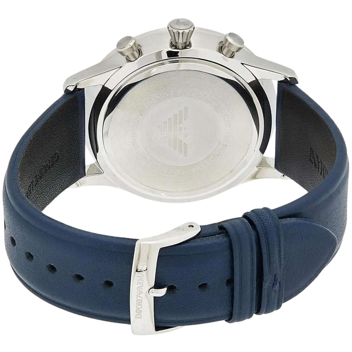 Emporio Armani Giovanni AR11226 angled rear view displaying case back and blue leather strap pin buckle