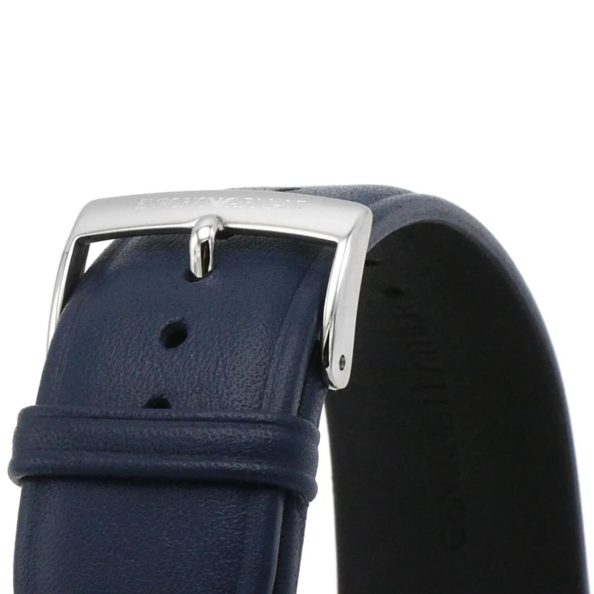 Emporio Armani Giovanni AR11226 close-up view of blue leather strap with engraved silver buckle